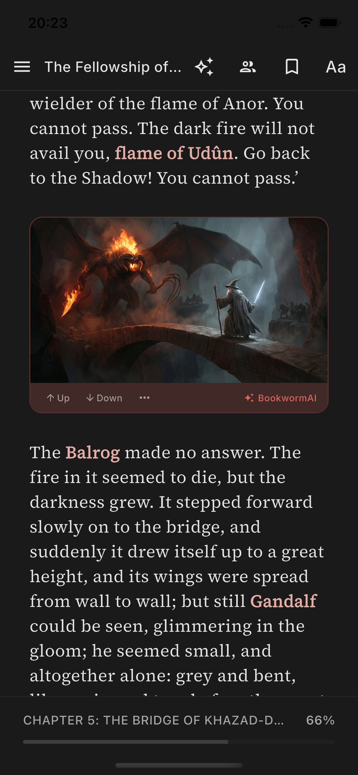 Bookworm iOS reader screenshot showing inline AI illustration
